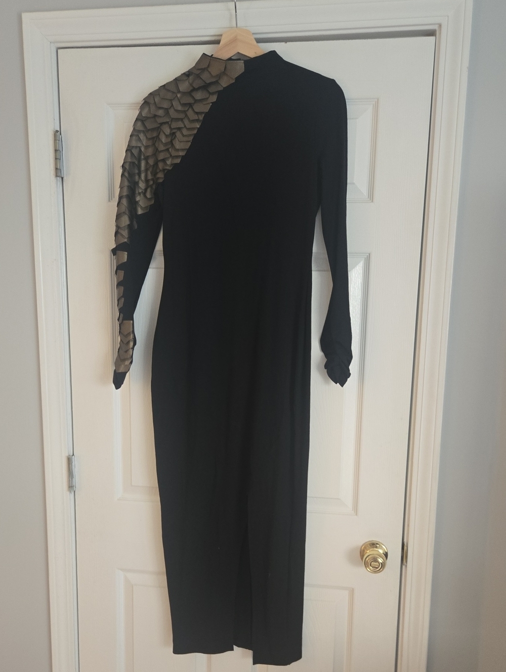 Gracia Black Long Sleeve Dress with Metallic Scaled Shoulder Detail